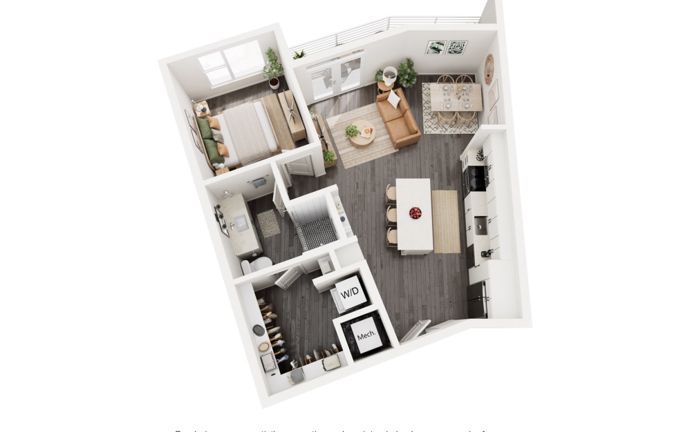 A6 - 1 bedroom floorplan layout with 1 bath and 708 square feet.