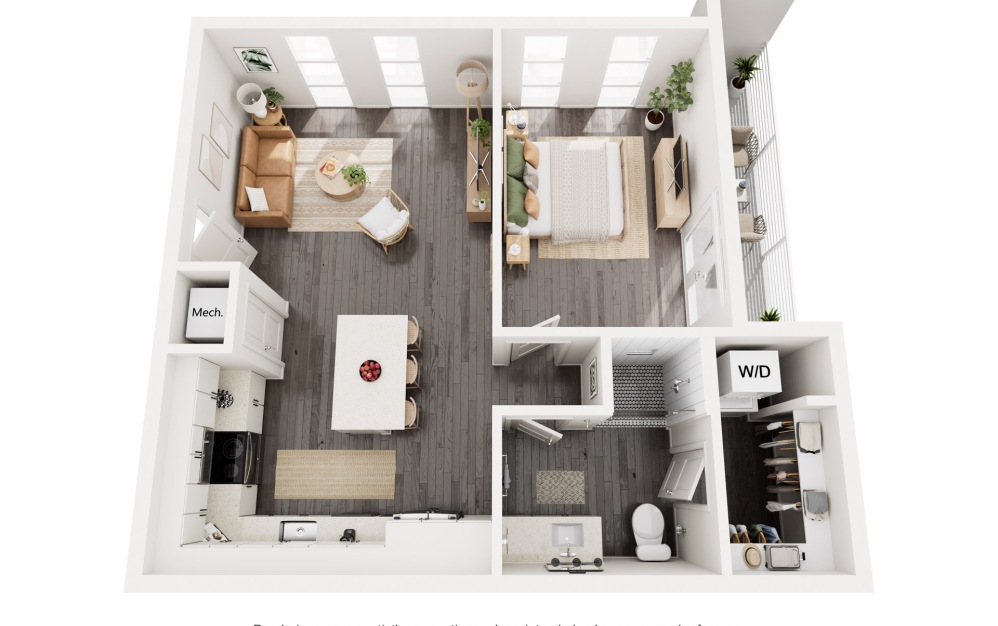 A7 - 1 bedroom floorplan layout with 1 bath and 707 square feet.